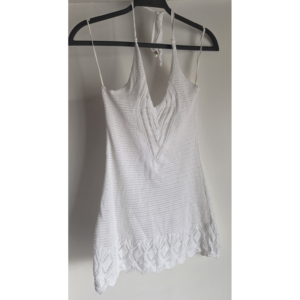 Cherry Knit White Halter Tank Top Sleeveless Resort Boho Camisole Blouse